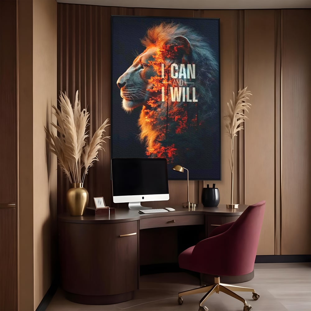 Tablou canvas cu tablou canvas cu leu si padure aprinsa, in rama de aluminiu negru, pe perete intr-un birou